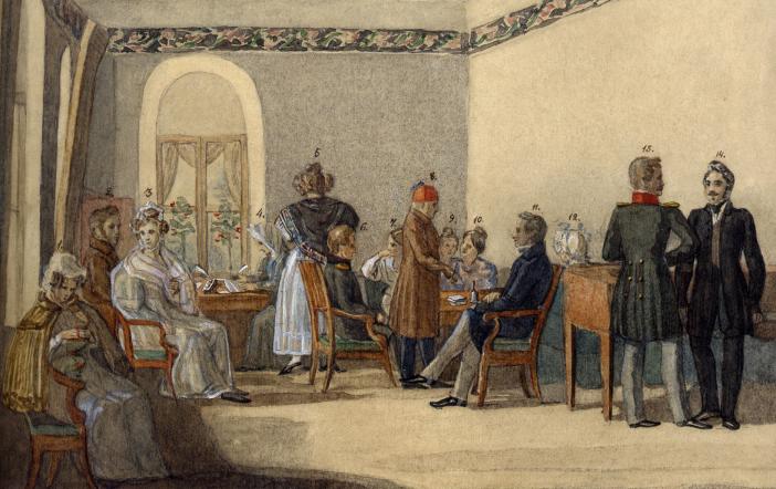 Гостиная в доме Олениных в Приютино. Акварель Ф. Г. Солнцева. 1834.